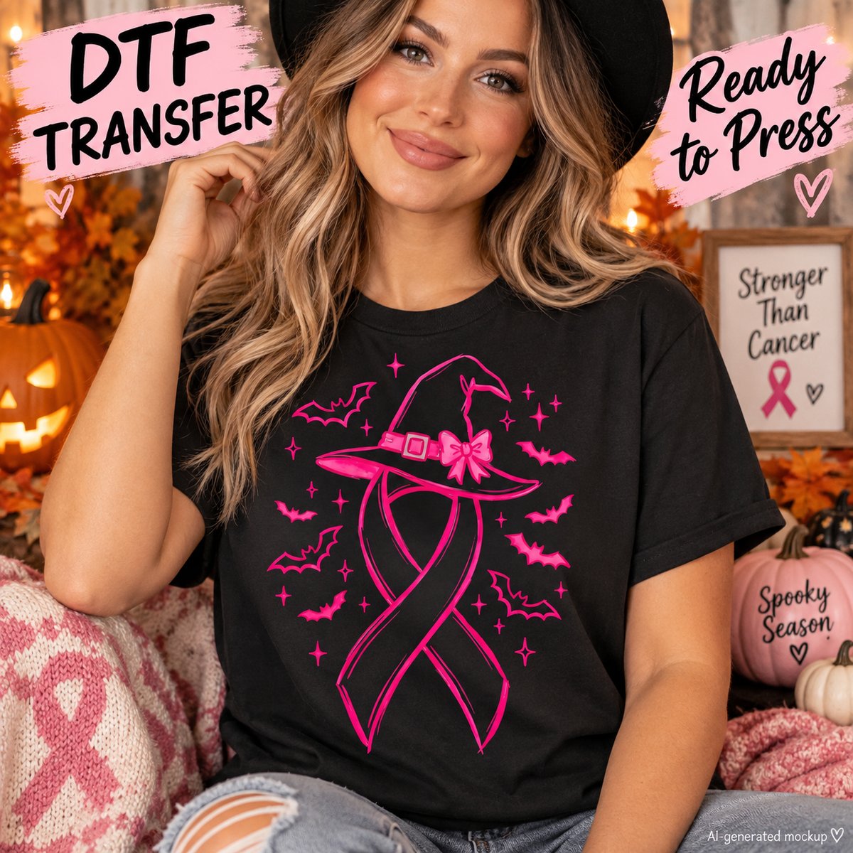 Woman wearing a black T-shirt with a pink awareness ribbon, witch hat, bats, and stars; AI-generated mockup.
