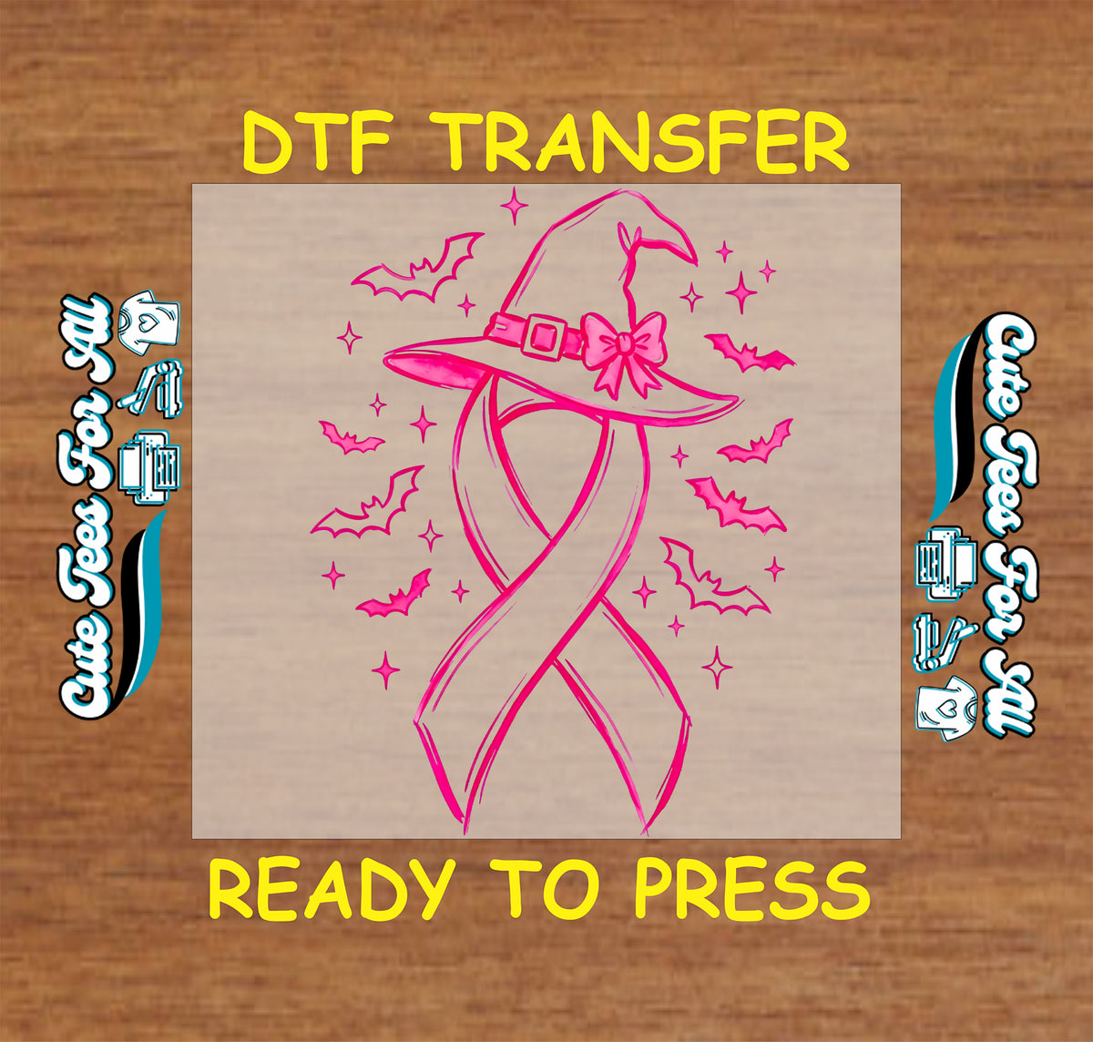 Pink breast cancer awareness ribbon with a witch hat and bow, surrounded by bats and stars.