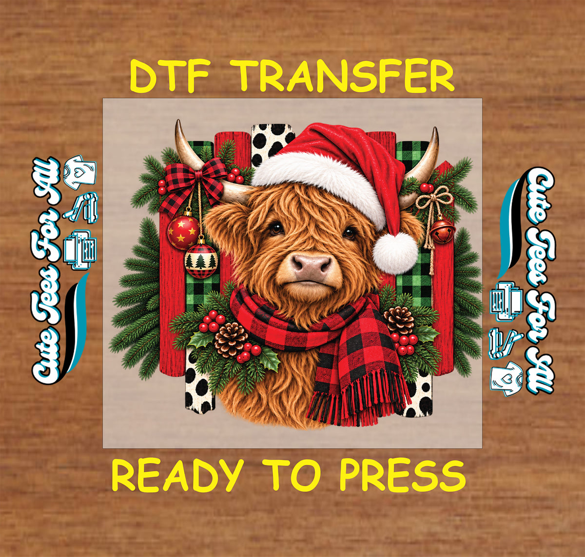 Christmas Highland cow wearing a Santa hat and red plaid scarf, surrounded by evergreen branches, ornaments, and pinecones.