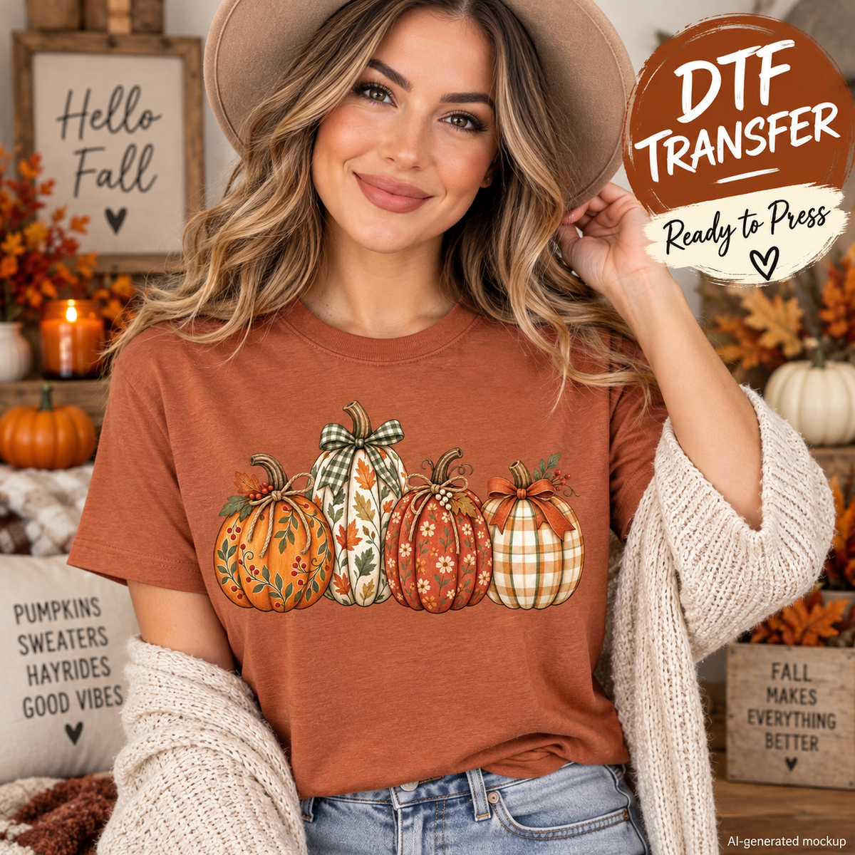 Woman wearing a rust-colored T-shirt with four floral, leaf-patterned, and plaid pumpkins; AI-generated mockup.