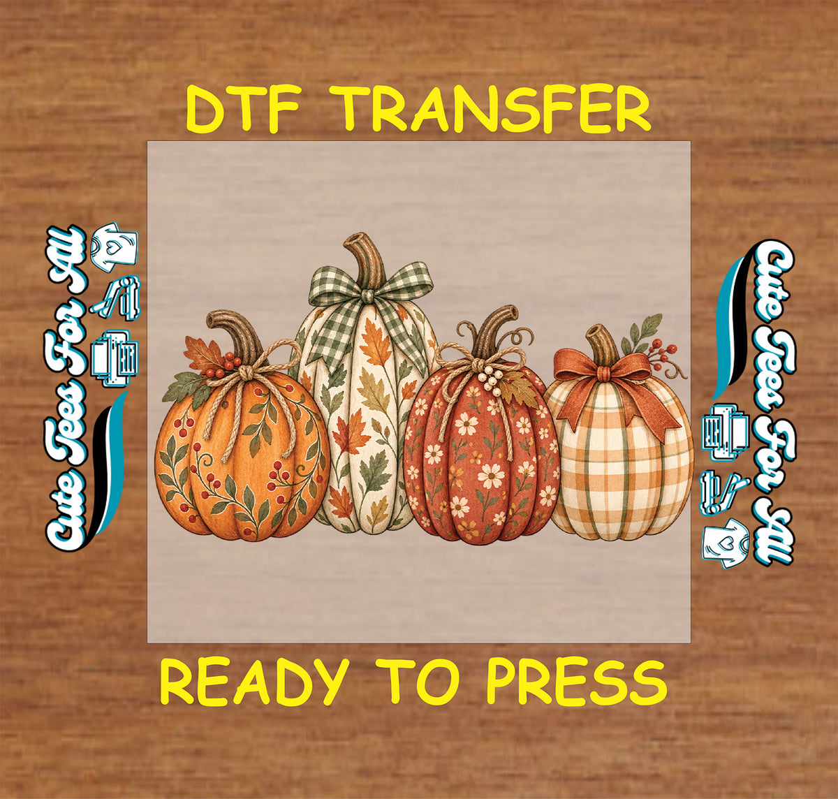 Four autumn pumpkins with floral, leaf, gingham, and plaid patterns, decorated with coordinating bows.