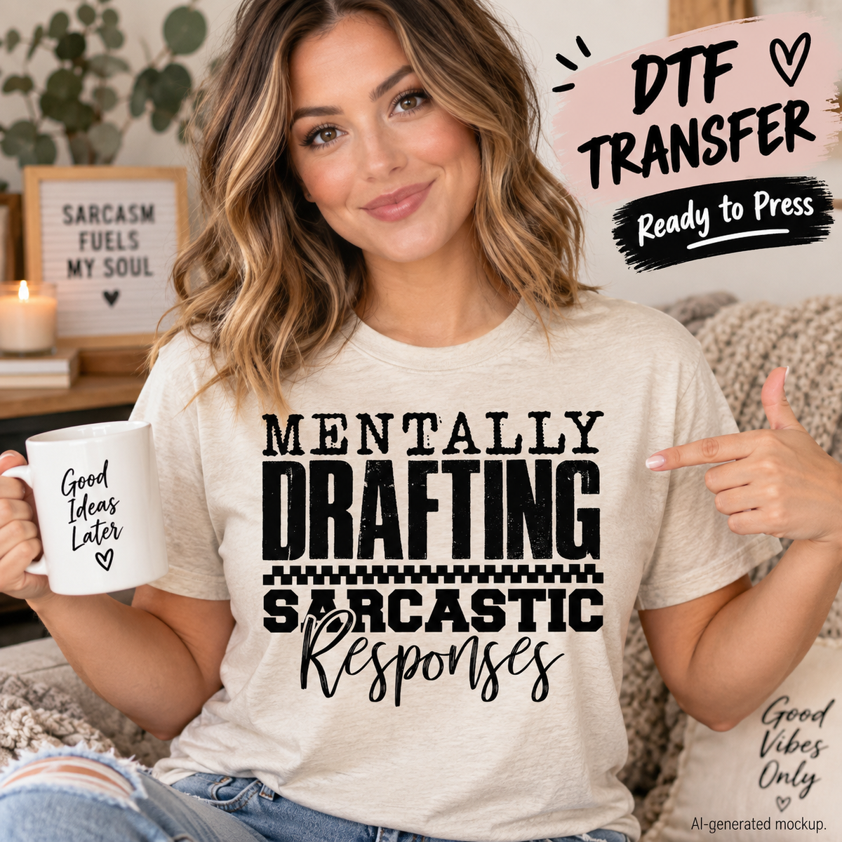 Woman wearing a cream T-shirt with black “Mentally Drafting Sarcastic Responses” lettering; AI-generated mockup.