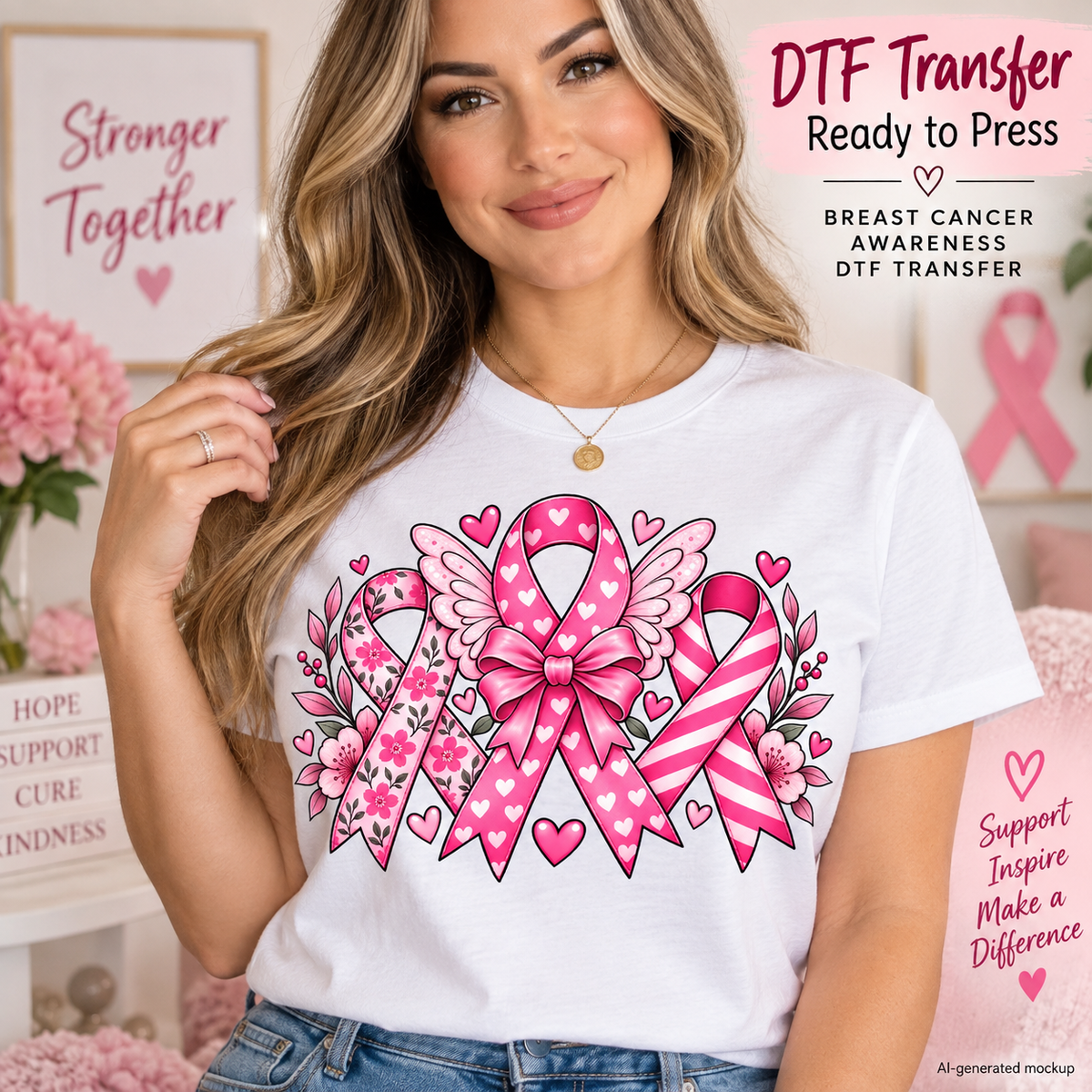 Woman wearing a white T-shirt with three pink breast cancer awareness ribbons featuring flowers, hearts, wings, and stripes; AI-generated mockup.