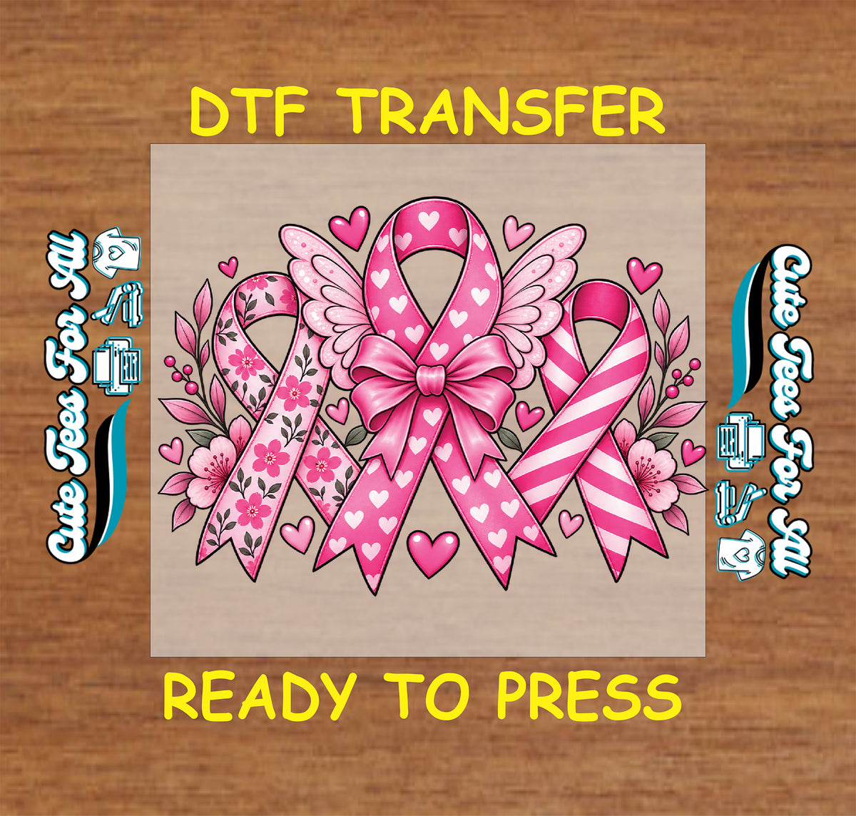 Three pink breast cancer awareness ribbons with floral, heart, wing, and striped patterns, surrounded by flowers and hearts.