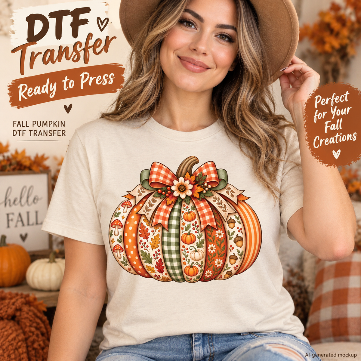 Woman wearing a cream shirt with a patchwork pumpkin and orange gingham bow in a cozy fall setting; AI-generated mockup.
