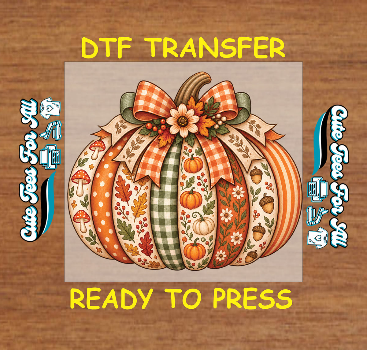 Fall patchwork pumpkin with gingham, floral, mushroom, acorn, and leaf patterns, topped with an orange plaid bow and flowers.