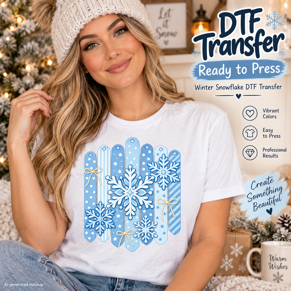 Woman wearing a white T-shirt with blue and white snowflakes over patterned blue strips and cream bows; AI-generated winter mockup.