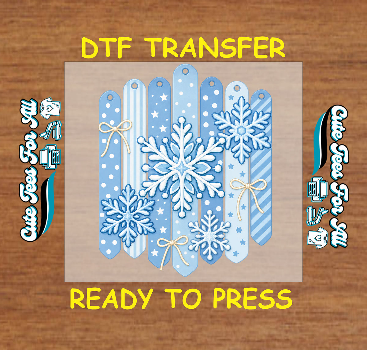 Blue and white snowflakes layered over blue strips with polka dots, stars, and stripes, accented with small cream bows.