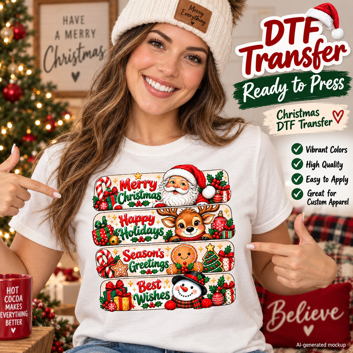 Woman wearing a white shirt with four Christmas greeting panels featuring Santa, a reindeer, gingerbread, and a snowman; AI-generated mockup.
