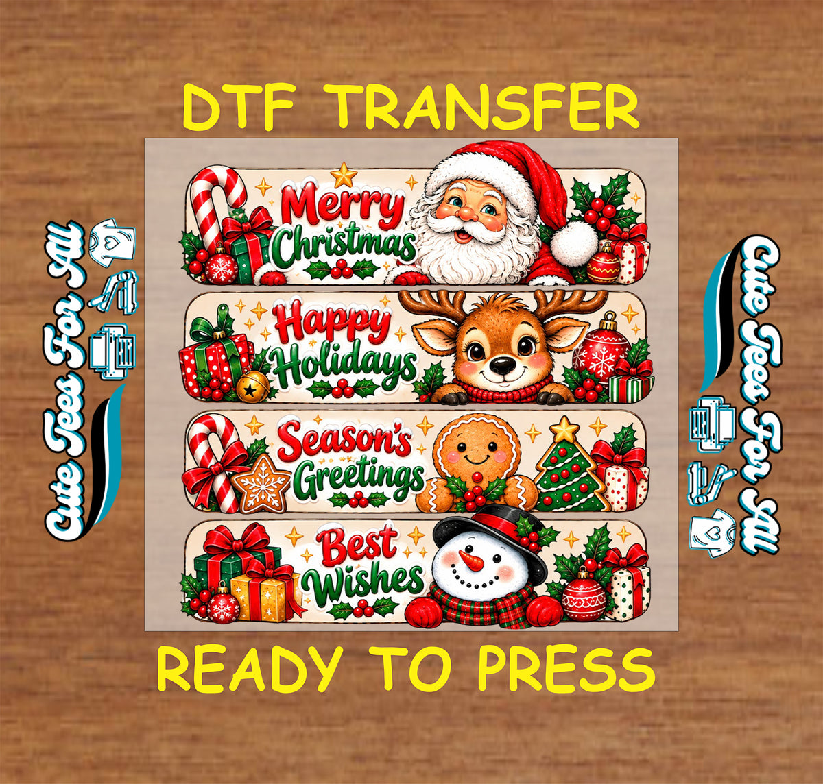 Four stacked holiday greeting panels with Santa, a reindeer, gingerbread, and a snowman, decorated with gifts, candy canes, and holly.