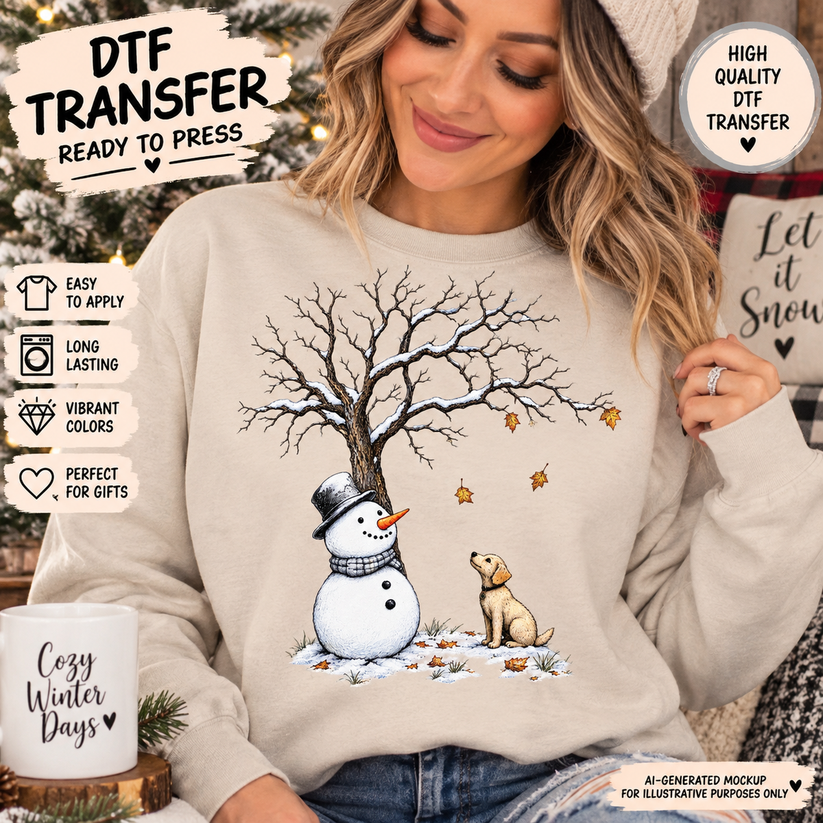 Woman wearing a cream sweatshirt with a snowman and golden puppy beneath a snowy tree with falling leaves; AI-generated mockup.