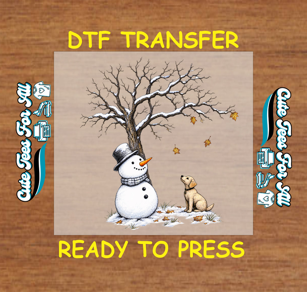 Snowman in a top hat and checked scarf beside a golden puppy under a snow-covered bare tree, with orange leaves scattered around them.