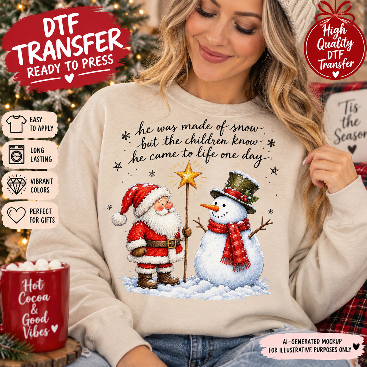 Woman wearing a cream sweatshirt featuring Santa with a golden star staff beside a snowman and handwritten lettering; AI-generated mockup.