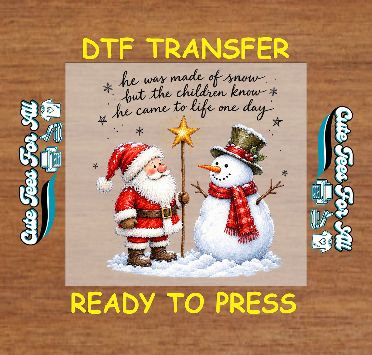 Santa holding a golden star staff beside a snowman in a top hat and red scarf, with snow, stars, snowflakes, and black script above.