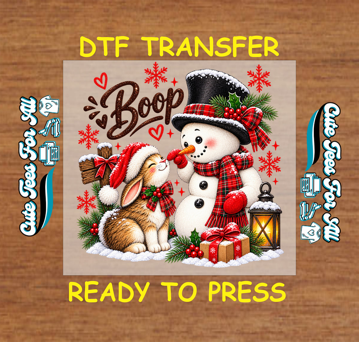 Bunny in a Santa hat touching noses with a snowman beneath “Boop” lettering, surrounded by snowflakes, holly, a gift, and a lantern.