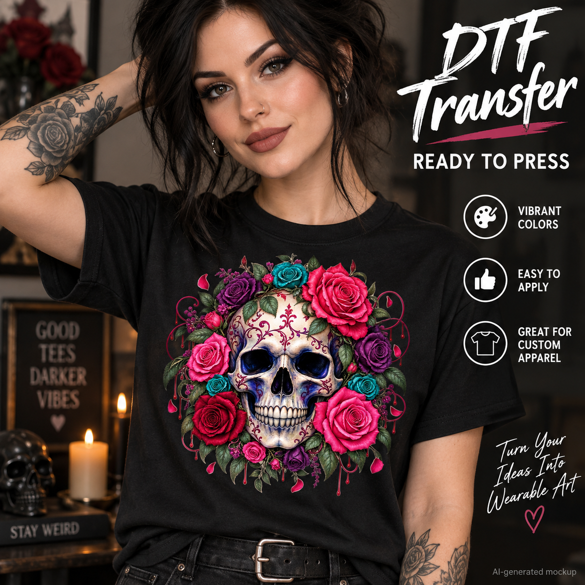 AI-generated mockup of a woman wearing a black shirt with an ornate skull surrounded by pink, red, purple, and teal roses.