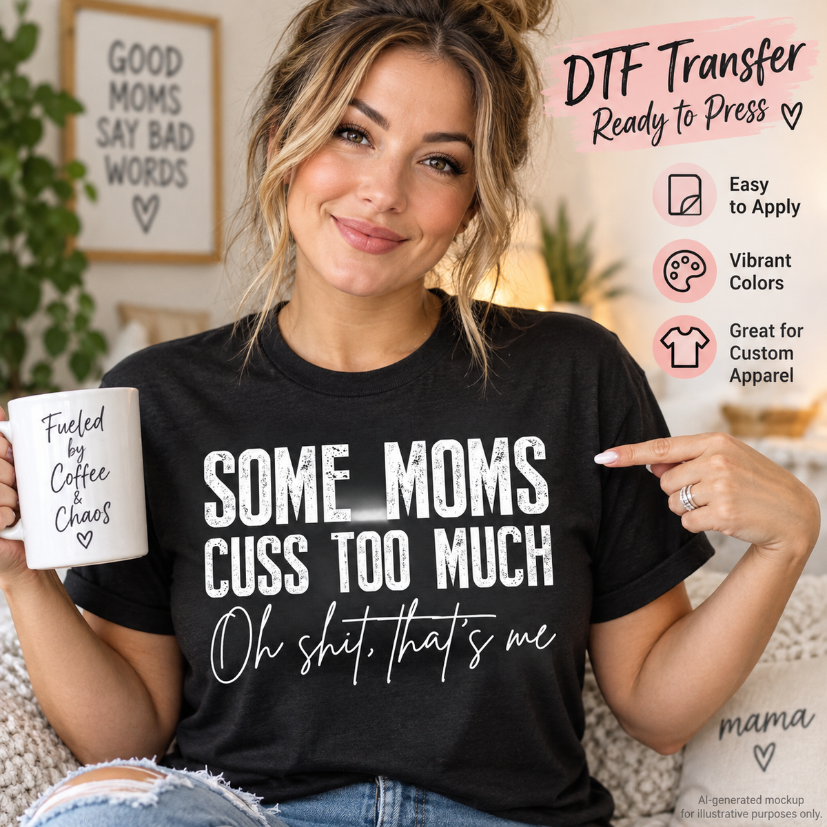 AI-generated mockup of a woman holding a coffee mug and wearing a black shirt with white “Some Moms Cuss Too Much” lettering.