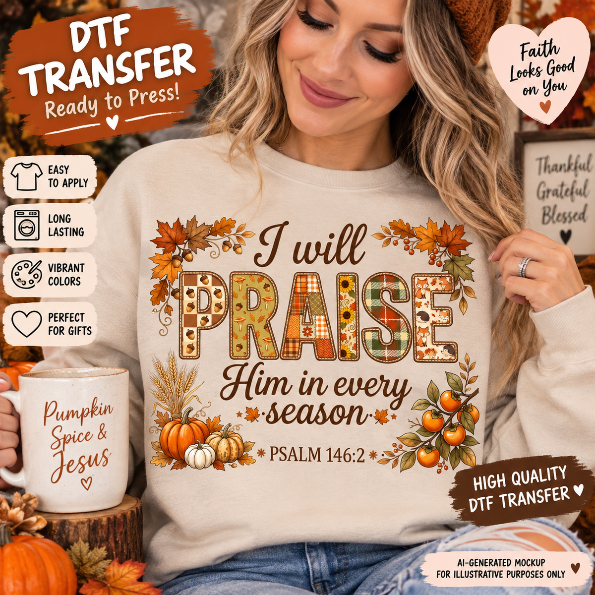 AI-generated mockup of a woman wearing a cream sweatshirt with “I will praise Him in every season” lettering and autumn harvest accents.