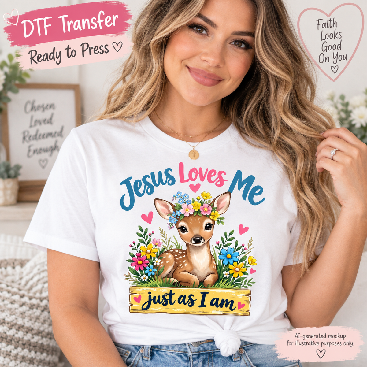 AI-generated mockup of a woman wearing a white shirt with a floral baby deer and “Jesus Loves Me just as I am” lettering.