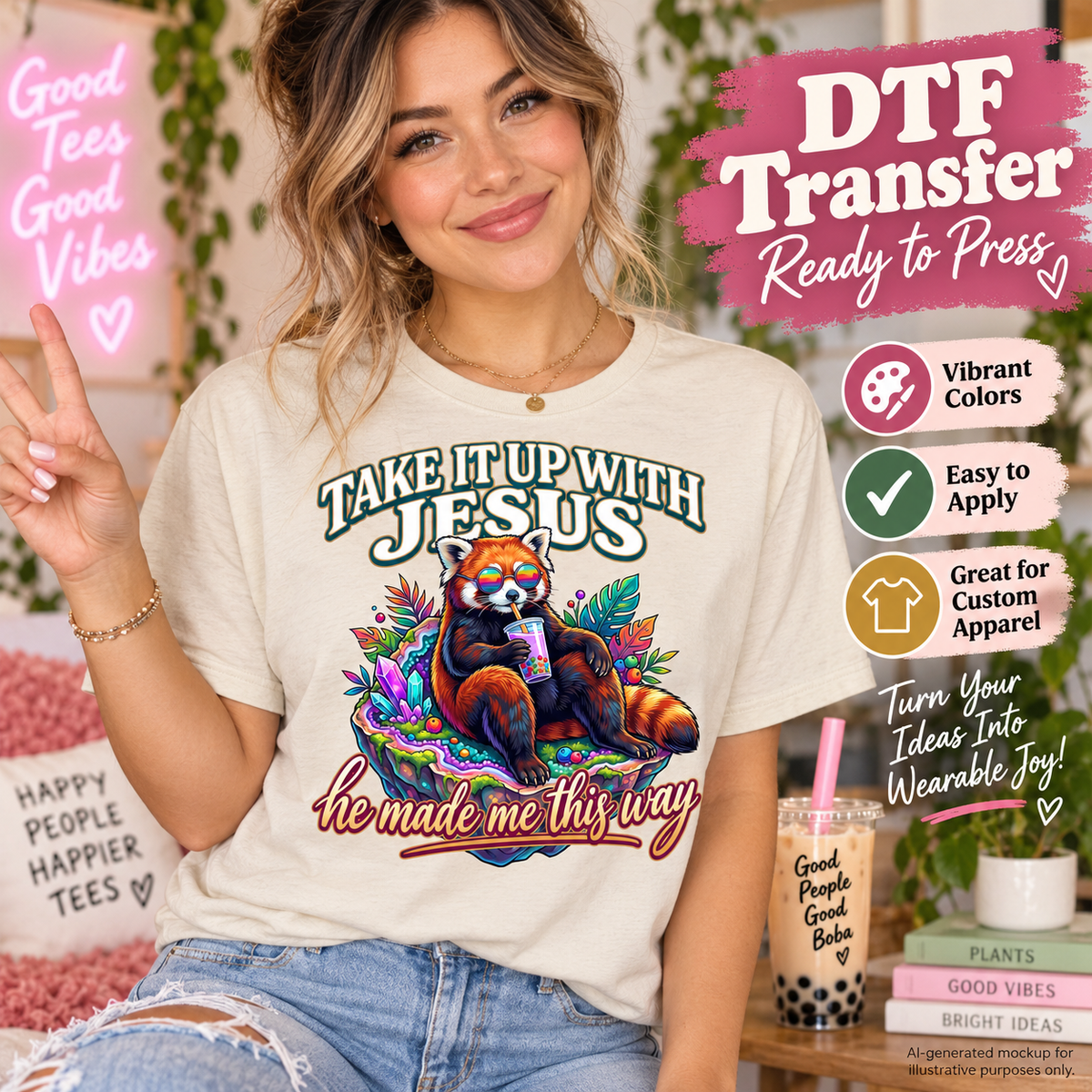 AI-generated mockup of a woman wearing a cream shirt with a colorful red panda and “Take It Up With Jesus, he made me this way” lettering.
