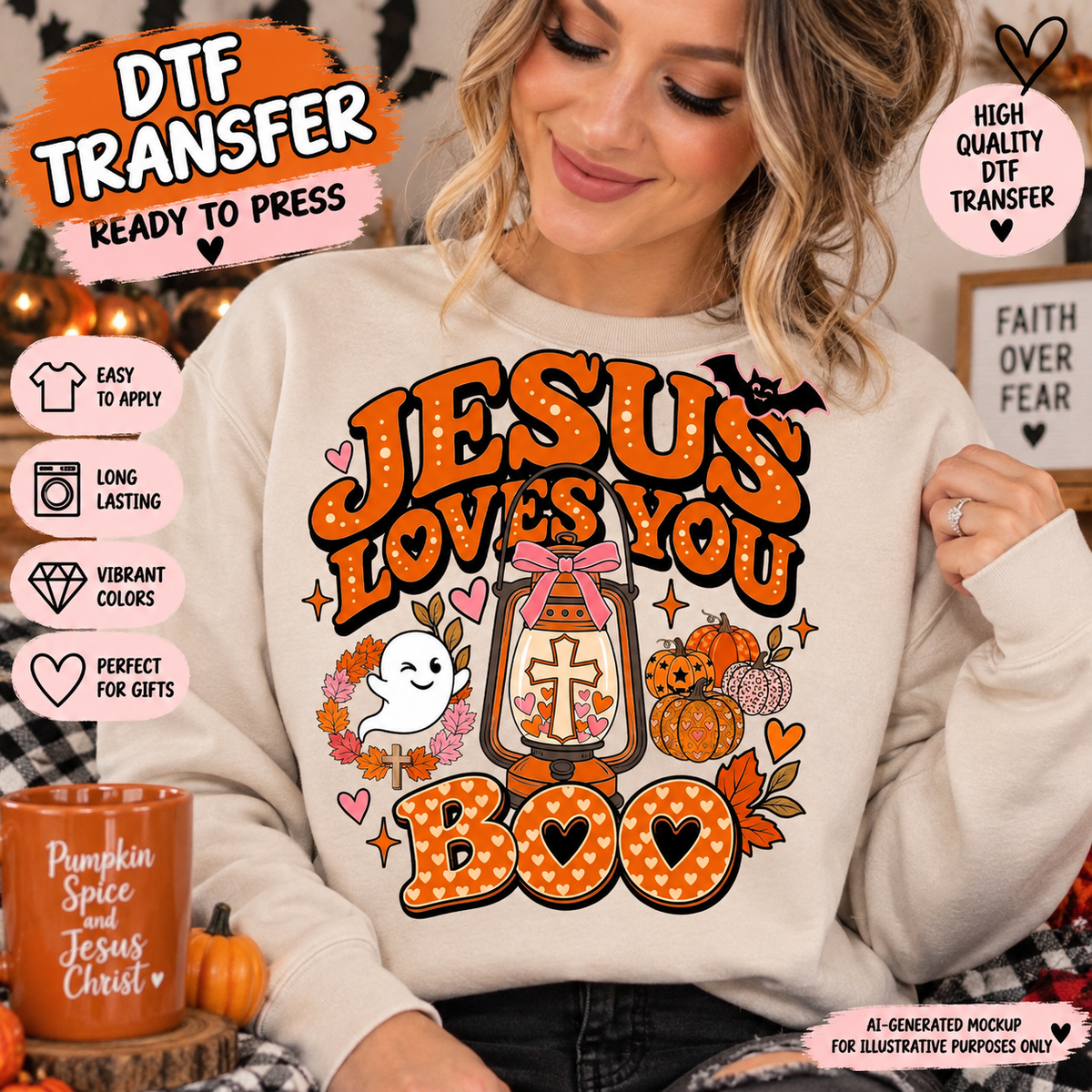 AI-generated mockup of a woman wearing a cream sweatshirt with “Jesus Loves You Boo” lettering, a cross lantern, a ghost, and pumpkins.