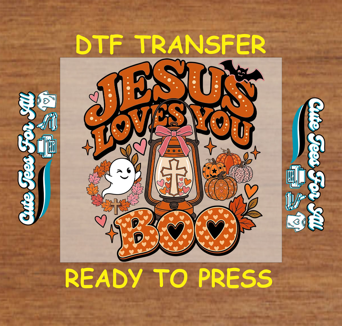 “Jesus Loves You Boo” design with orange lettering, a pink-bow lantern containing a cross, a smiling ghost, pumpkins, hearts, and autumn leaves.