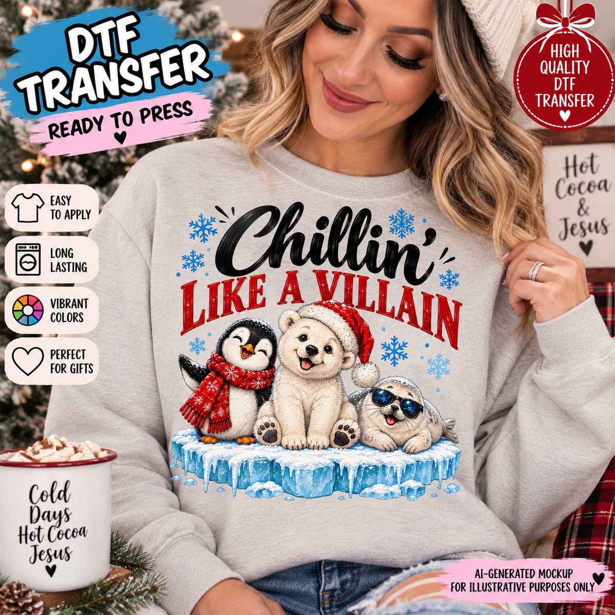 AI-generated mockup of a woman wearing a light grey sweatshirt with “Chillin’ Like a Villain” lettering and a penguin, polar bear, and seal.