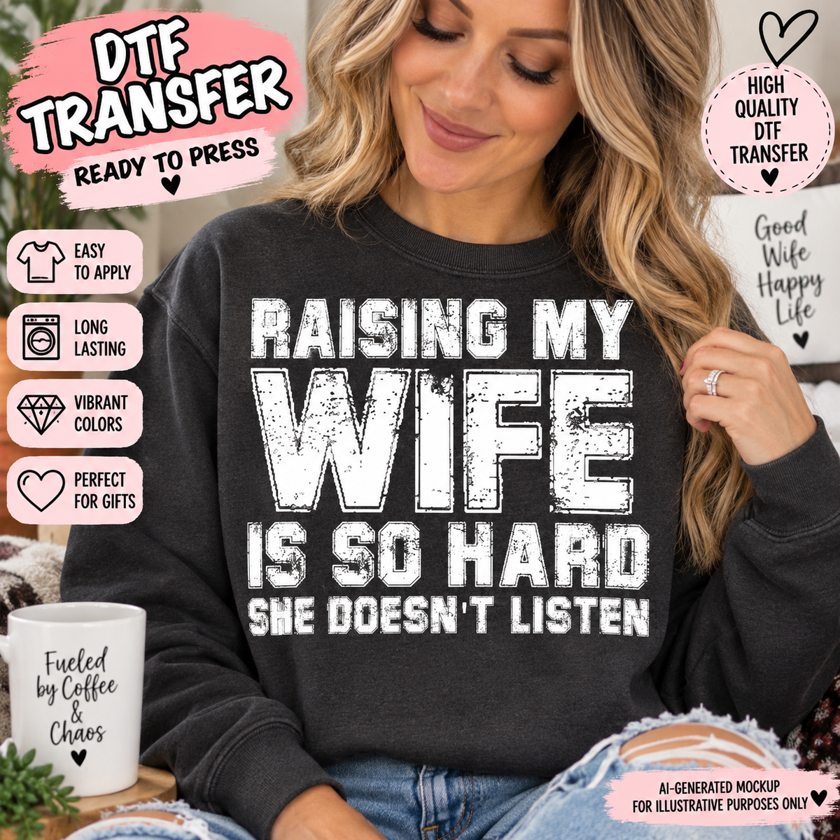 AI-generated mockup of a woman wearing a charcoal sweatshirt with white distressed “Raising My Wife Is So Hard She Doesn’t Listen” lettering.