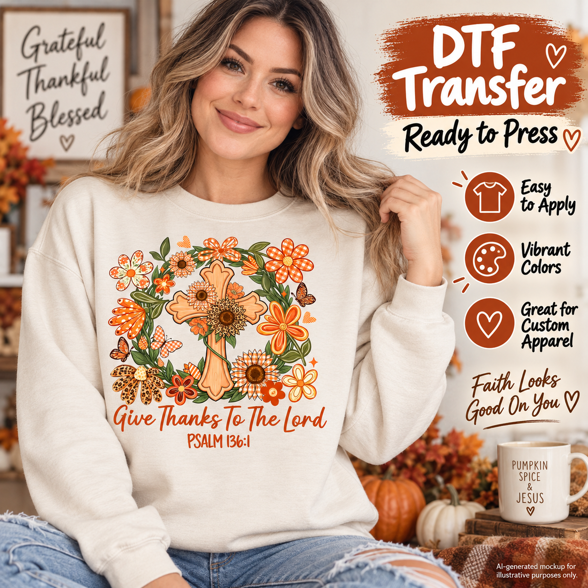 AI-generated mockup of a woman wearing a cream sweatshirt with a floral cross and “Give Thanks To The Lord” Psalm 136:1 lettering.