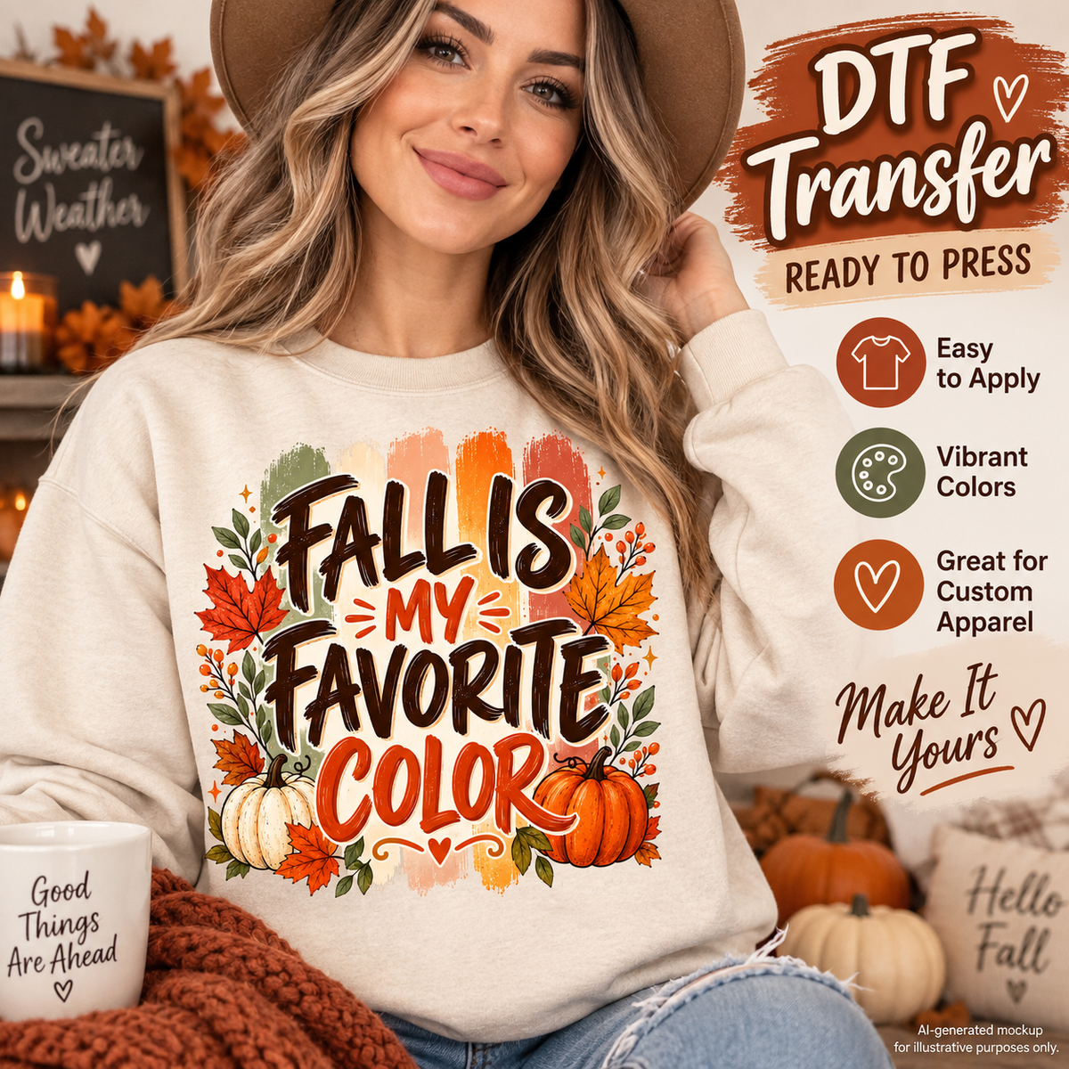 AI-generated mockup of a woman wearing a cream sweatshirt with “Fall Is My Favorite Color” lettering, autumn leaves, and pumpkins.