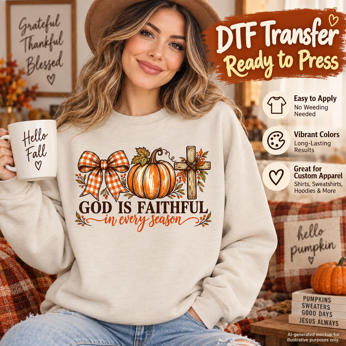 AI-generated mockup of a woman wearing a cream sweatshirt with a gingham bow, pumpkin, cross, and “God Is Faithful in every season” lettering.