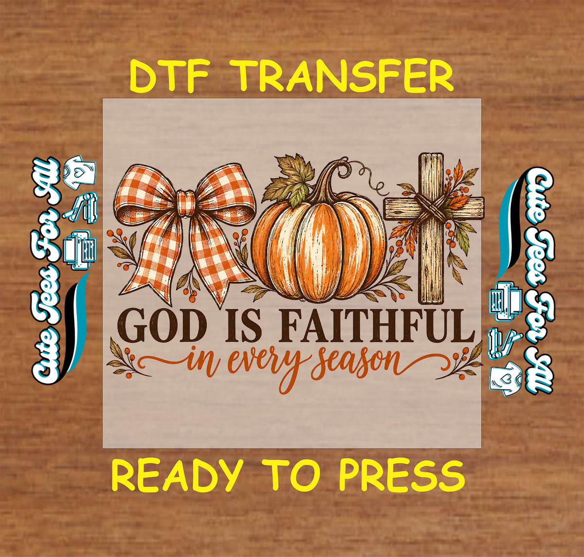 Orange gingham bow, rustic striped pumpkin, and wood-look cross with autumn foliage above “God Is Faithful in every season” lettering.