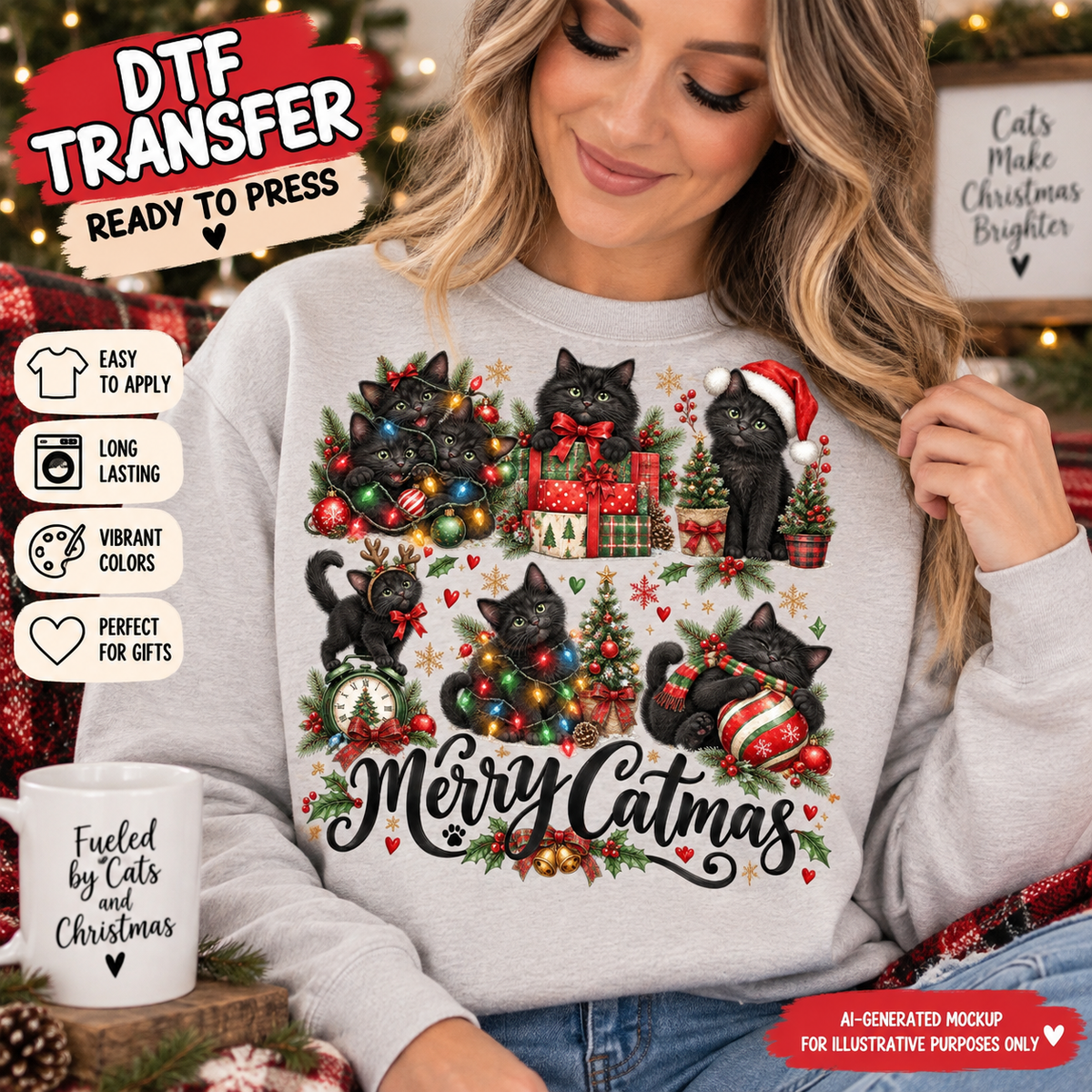 AI-generated mockup of a woman wearing a light grey sweatshirt with a festive black cat collage and “Merry Catmas” lettering.