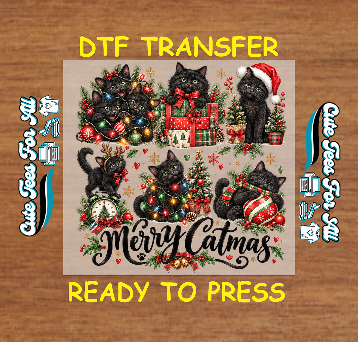 “Merry Catmas” lettering beneath black cats with Christmas lights, presents, a Santa hat, antlers, ornaments, trees, and holly.