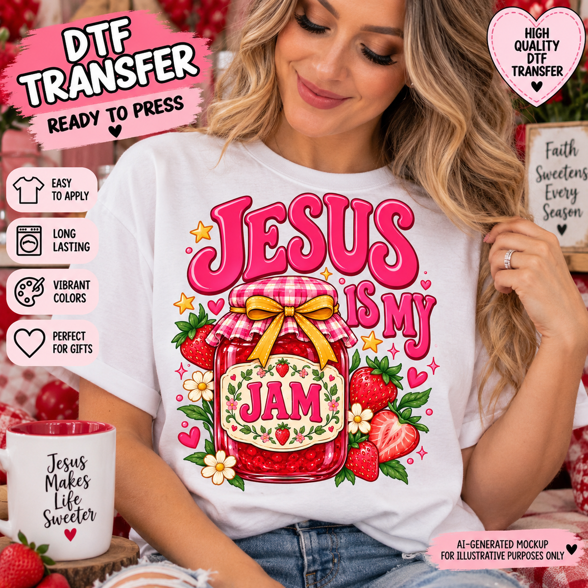 AI-generated mockup of a woman wearing a white shirt with “Jesus Is My Jam” lettering, a strawberry jam jar, flowers, and pink hearts.