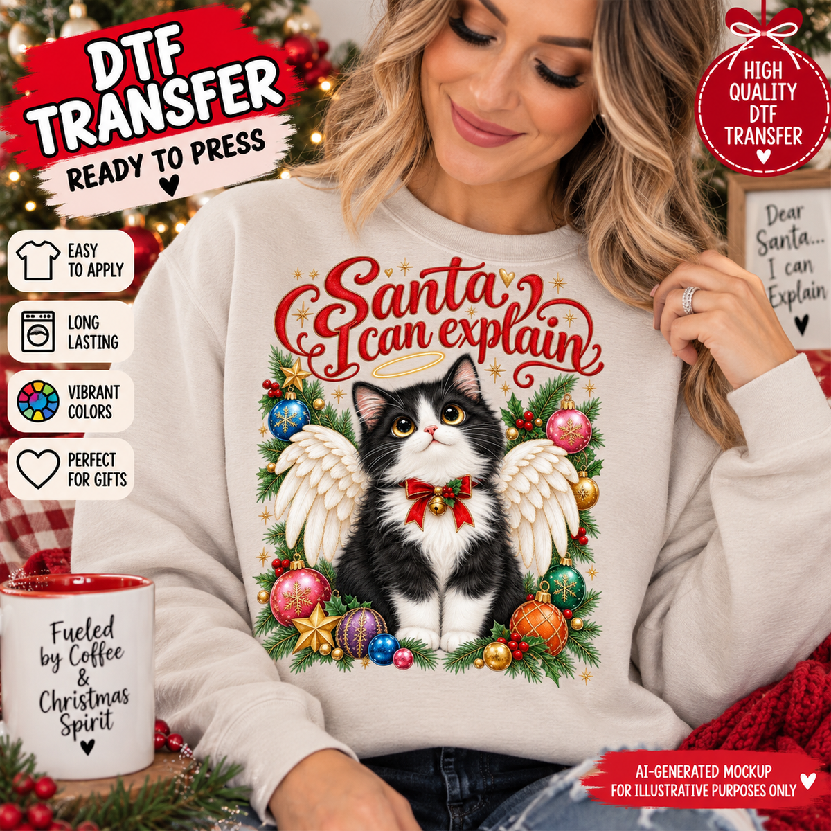 AI-generated mockup of a woman wearing a cream sweatshirt with “Santa, I can explain” lettering and an angel kitten surrounded by Christmas ornaments.