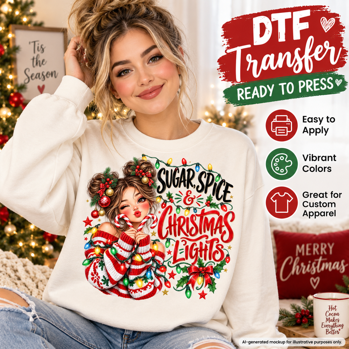 AI-generated mockup of a woman wearing a cream sweatshirt with “Sugar, Spice & Christmas Lights” lettering and a festive illustrated girl.