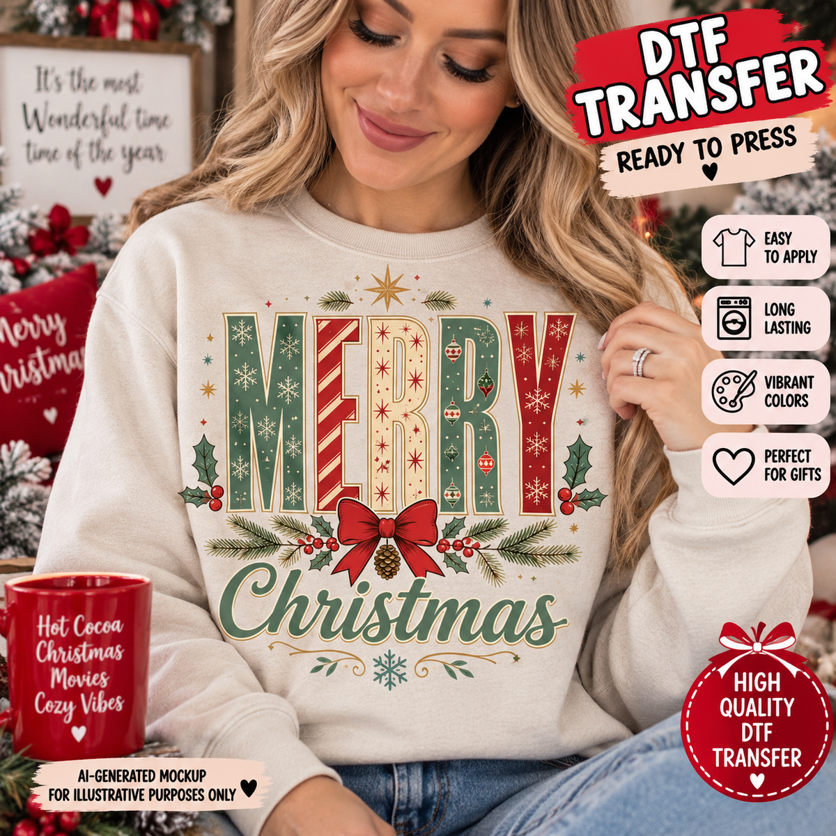 AI-generated mockup of a woman wearing a cream sweatshirt with patterned “Merry Christmas” lettering, a red bow, and evergreen branches.