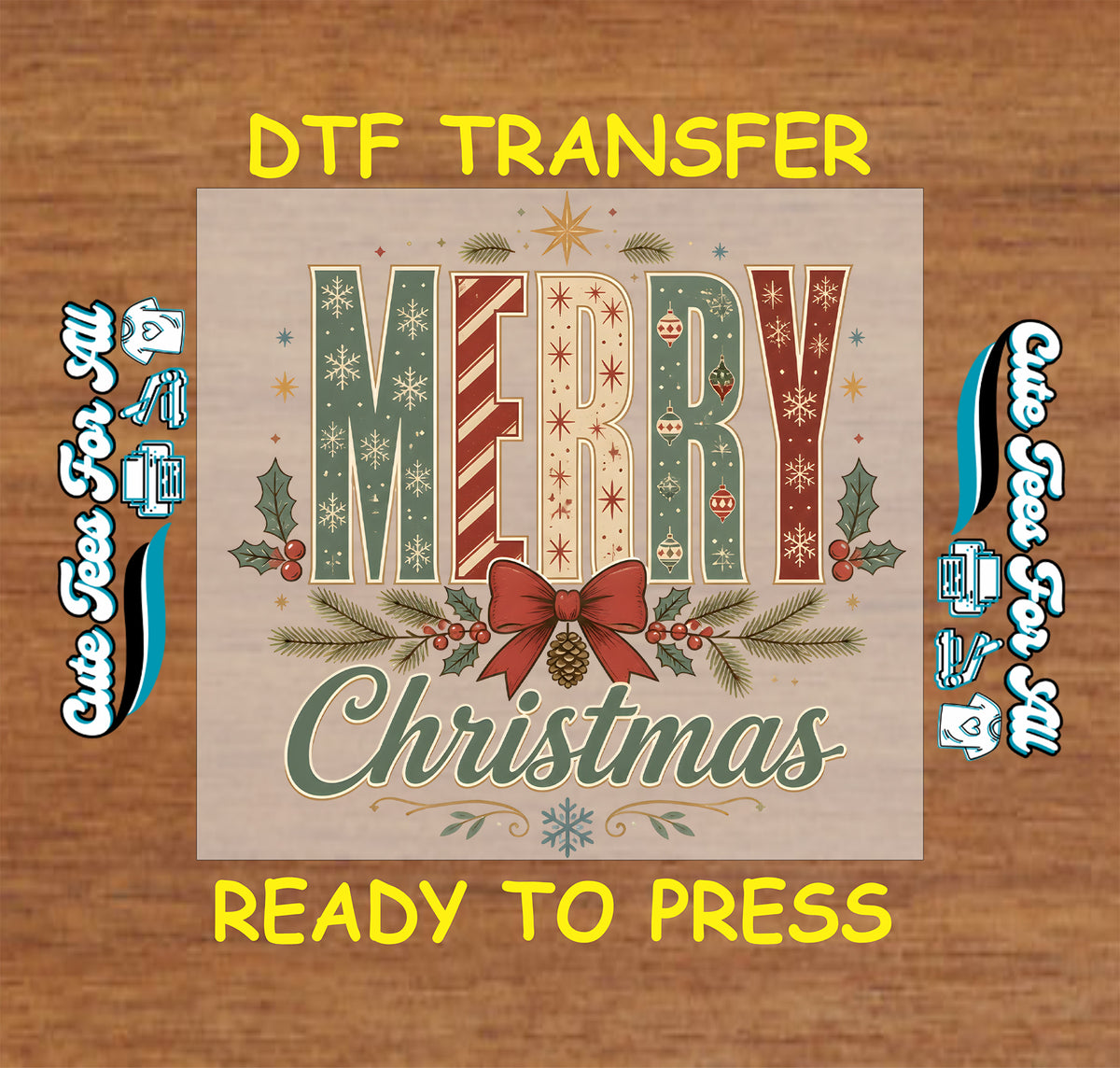 Vintage-style “Merry Christmas” lettering with snowflakes, stripes, ornaments, a red bow, pinecone, holly berries, and evergreen sprigs.