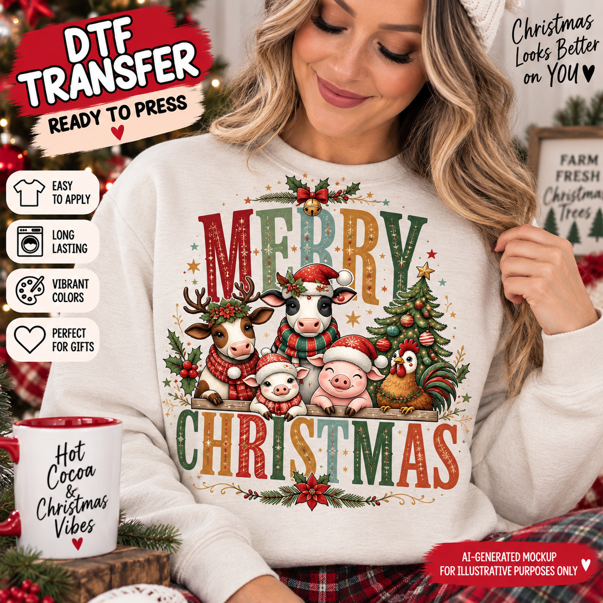 AI-generated mockup of a woman wearing a cream sweatshirt with Merry Christmas lettering, festive farm animals, and a decorated Christmas tree.