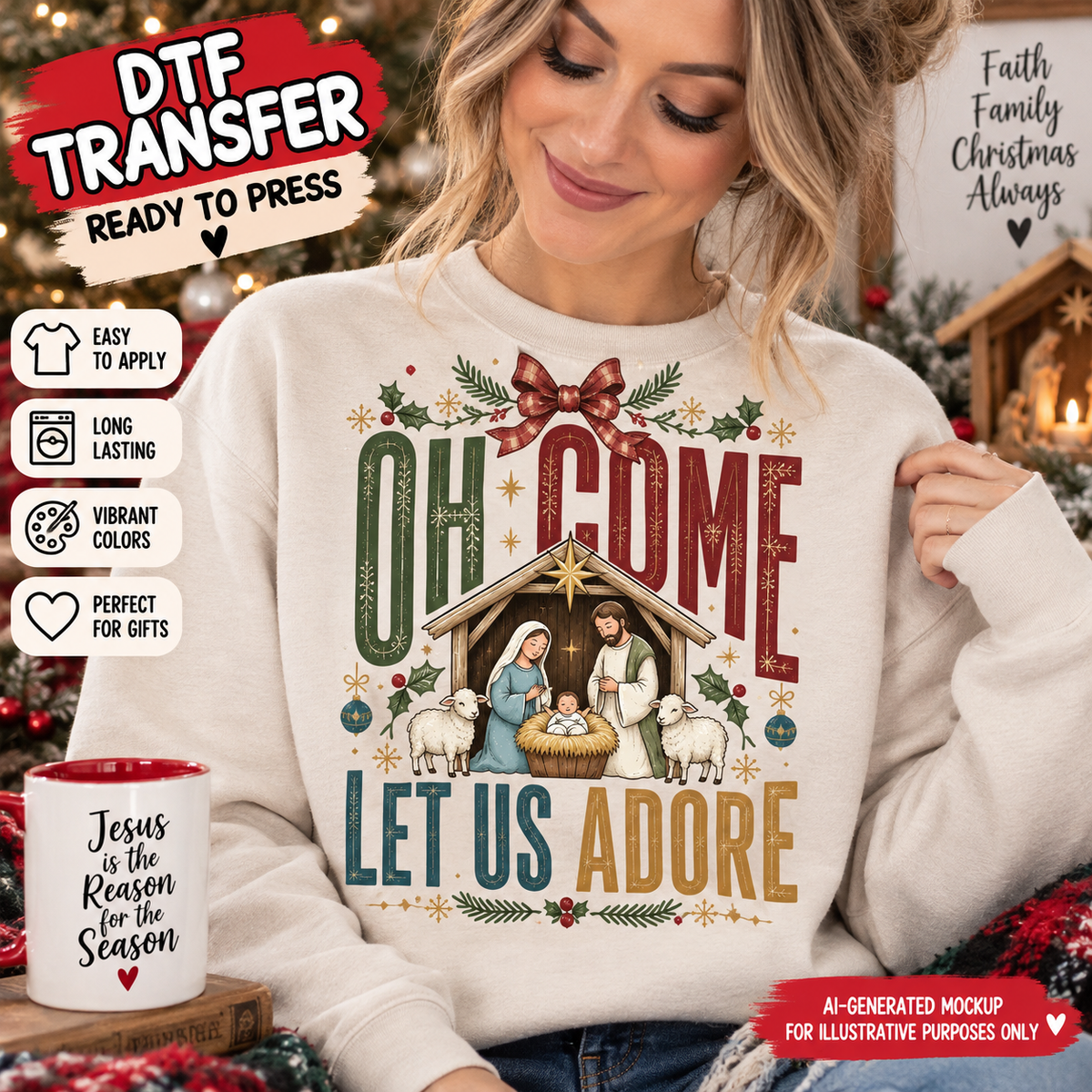 AI-generated mockup of a woman wearing a cream sweatshirt with “Oh Come Let Us Adore” lettering, a nativity scene, and Christmas greenery.