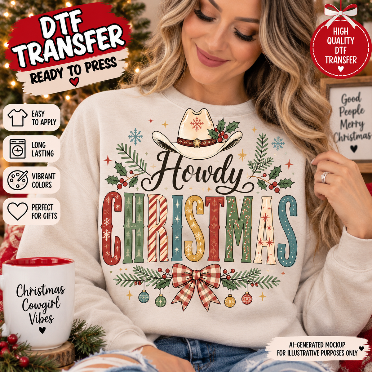 AI-generated mockup of a woman wearing a cream sweatshirt with Howdy Christmas lettering, a cowboy hat, greenery, and a gingham bow.