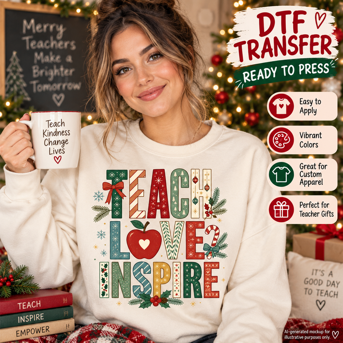 AI-generated mockup of a woman wearing a cream sweatshirt with festive Teach Love Inspire lettering, a red apple, and Christmas greenery.