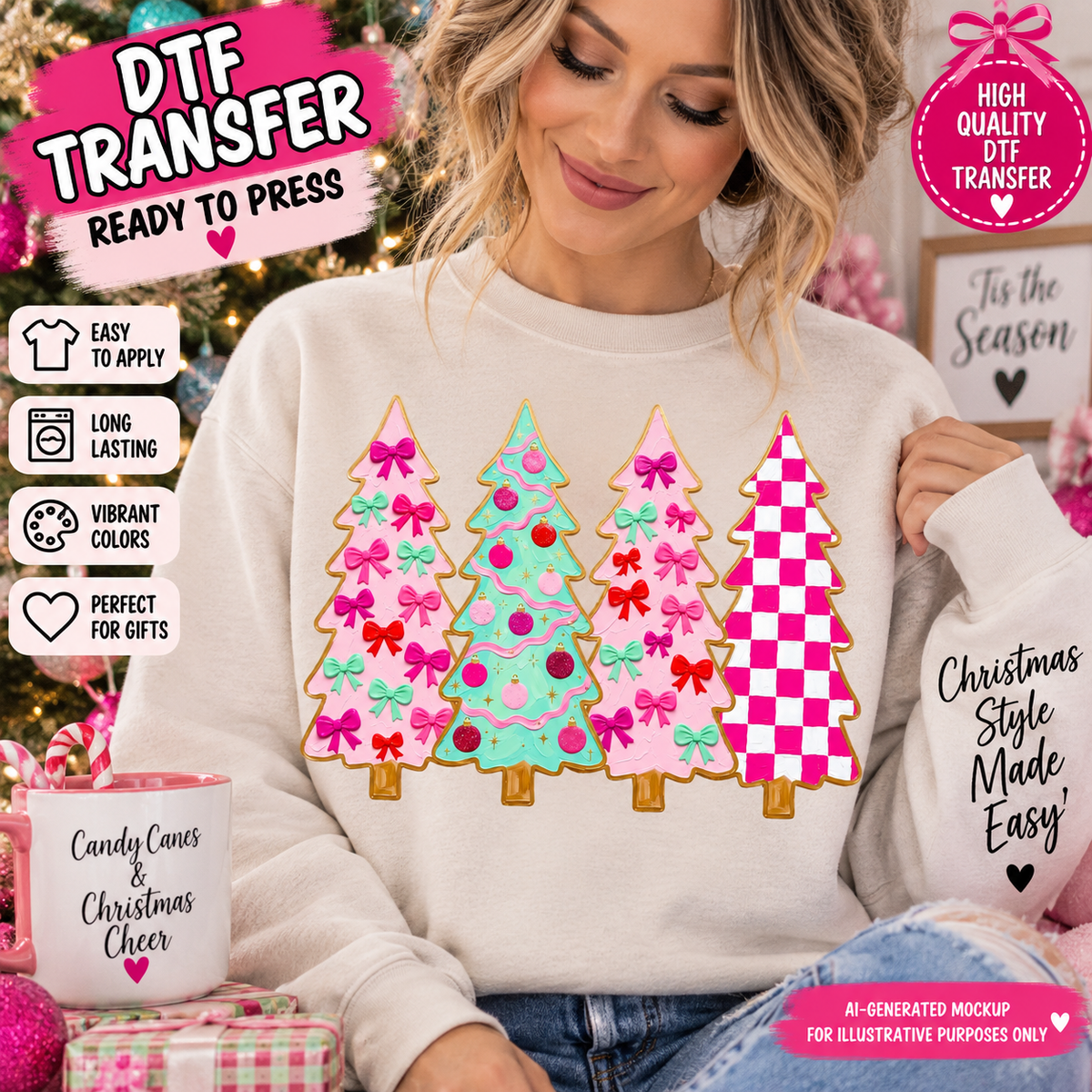 AI-generated mockup of a woman wearing a cream sweatshirt with four pink and mint Christmas trees featuring bows, ornaments, and checks.
