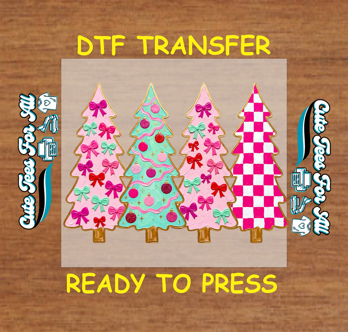 Four Christmas trees with golden outlines, pink and mint bows, colorful ornaments, ribbon garlands, and a pink-and-white checkerboard pattern.