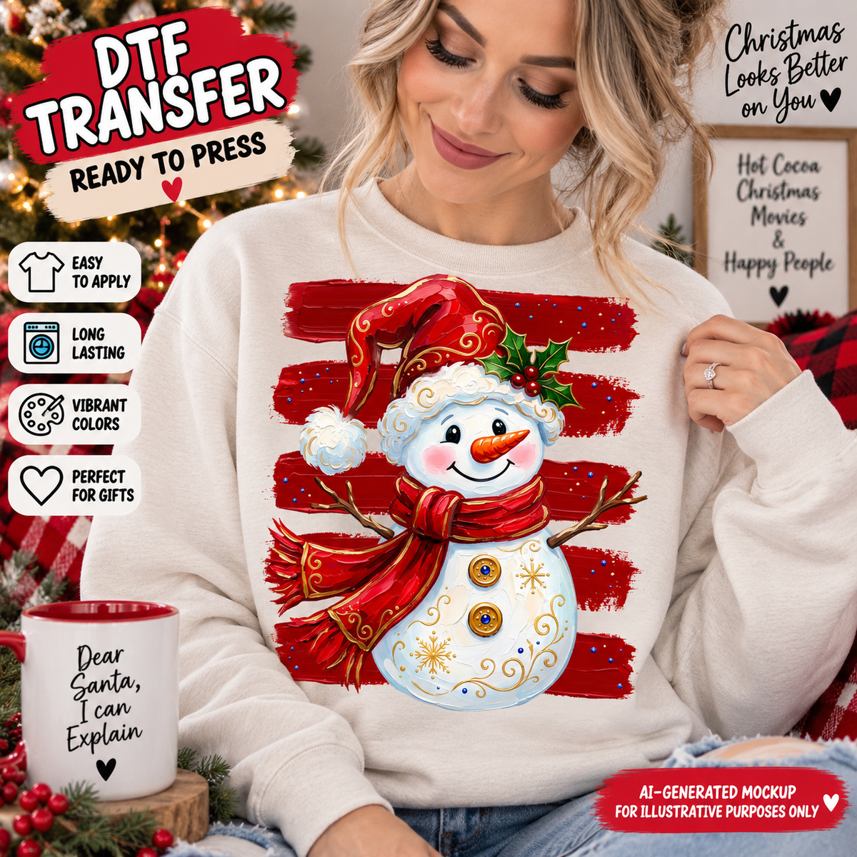 AI-generated mockup of a woman wearing a cream sweatshirt with a smiling snowman in a red Santa hat and scarf over red brushstrokes.