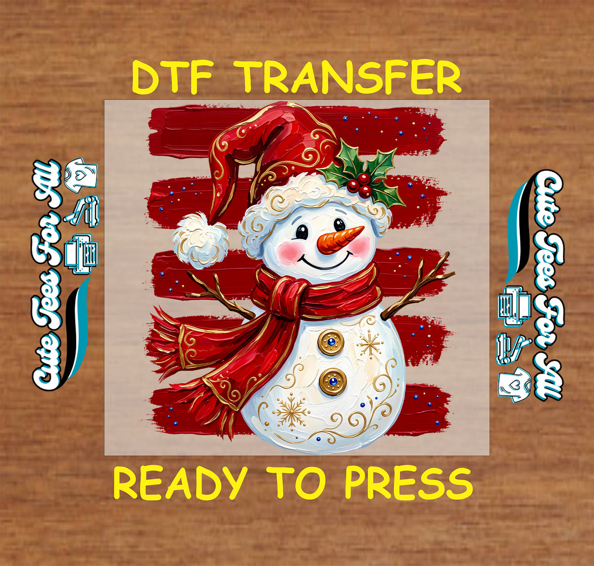 Smiling snowman with a red Santa hat, fringed scarf, holly berries, gold swirls and snowflakes, and a red brushstroke background.