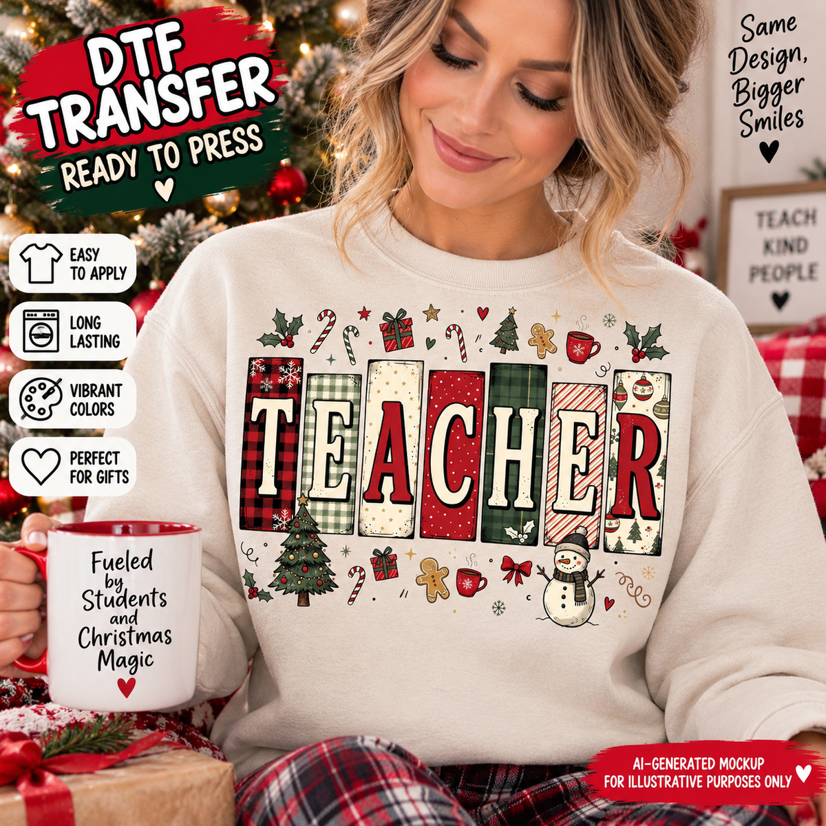 AI-generated mockup of a woman wearing a cream sweatshirt with patterned TEACHER lettering, Christmas trees, gingerbread figures, and a snowman.
