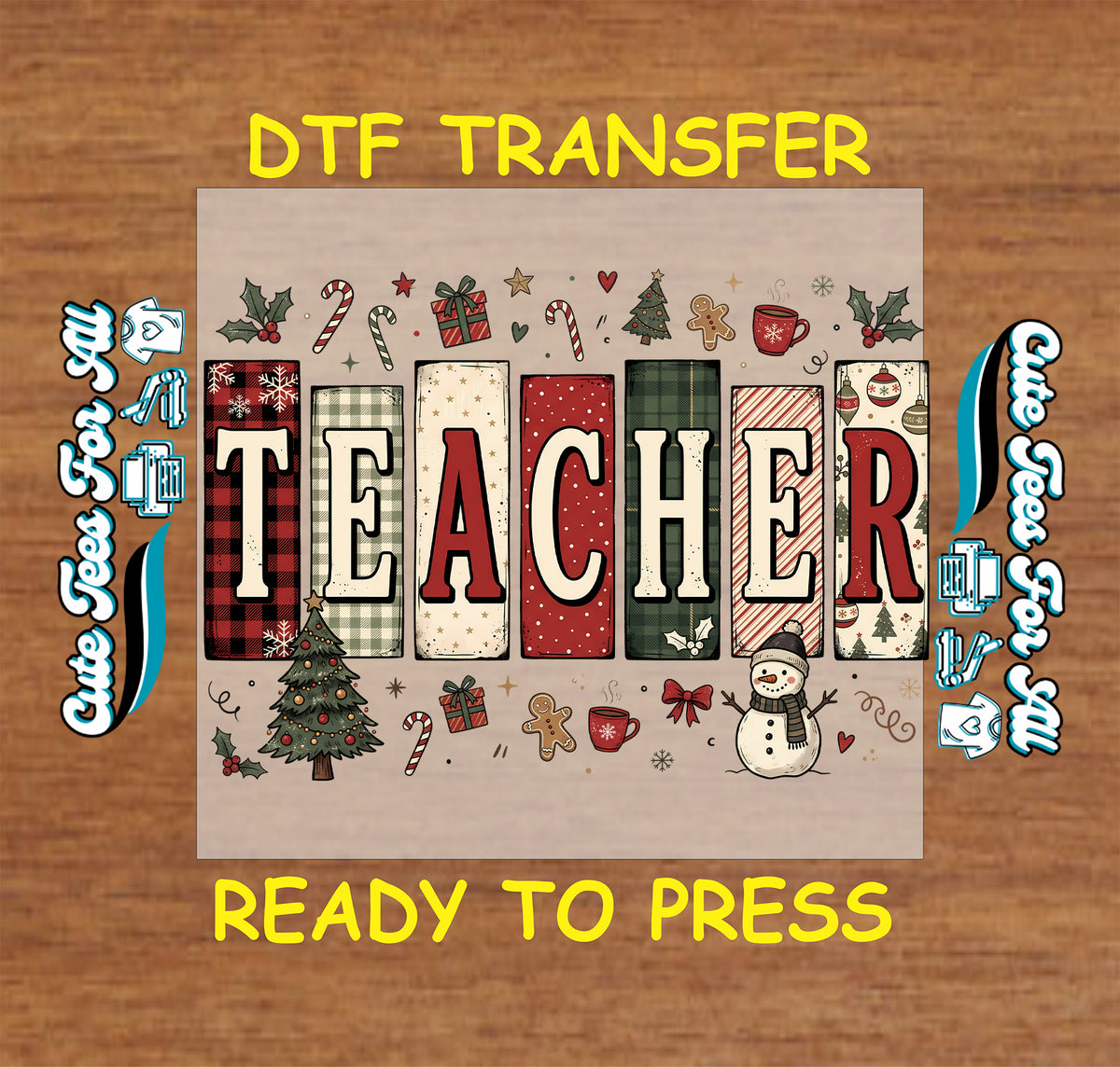 TEACHER lettering on red, green, and cream patterned panels surrounded by candy canes, gifts, cocoa mugs, Christmas trees, and a snowman.