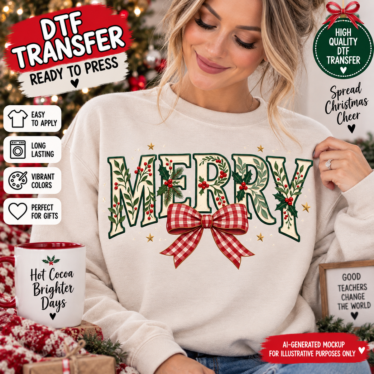 AI-generated mockup of a woman wearing a cream sweatshirt with botanical MERRY lettering, red berries, and a red-and-white gingham bow.